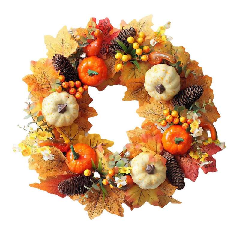 Artificial Fall Wreath - Autumn Wreath with Maple Leaves Pumpkin Pine Cone Berries for Front Door Th