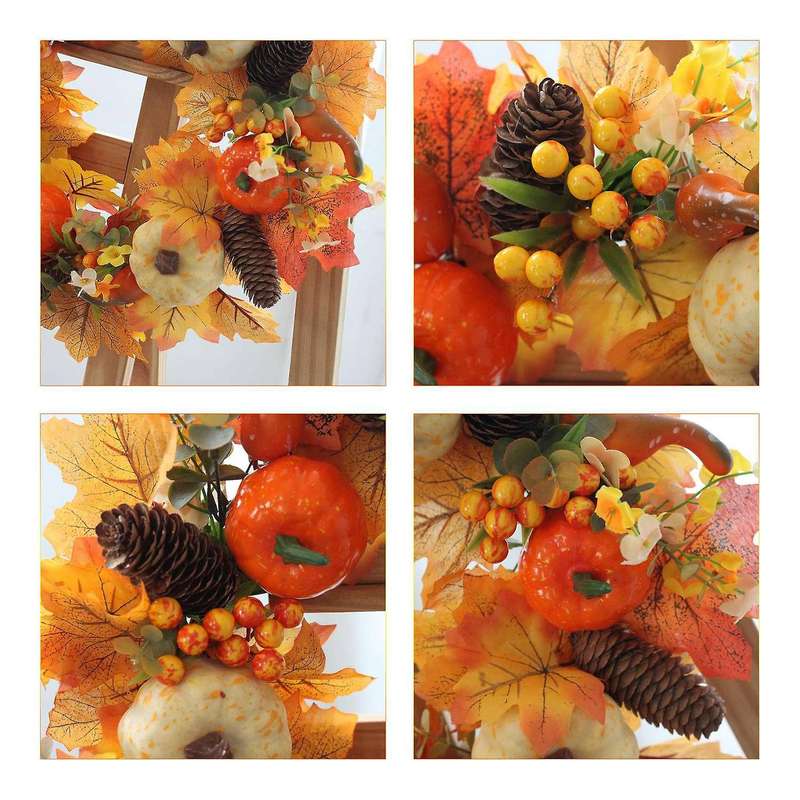 Artificial Fall Wreath - Autumn Wreath with Maple Leaves Pumpkin Pine Cone Berries for Front Door Th