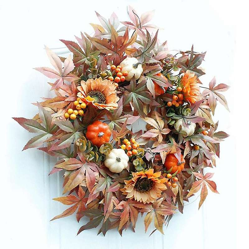 Artificial Fall Wreath - 24Inch Wreath with Maple Leaves Pumpkin Pine Cone Berries for Front Door Th