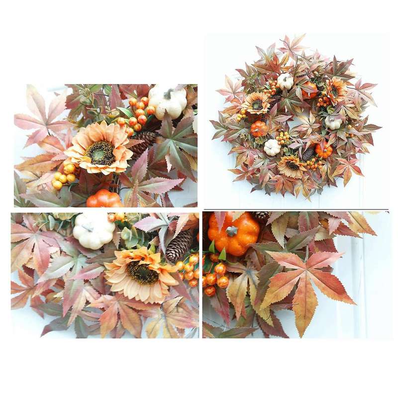 Artificial Fall Wreath - 24Inch Wreath with Maple Leaves Pumpkin Pine Cone Berries for Front Door Th