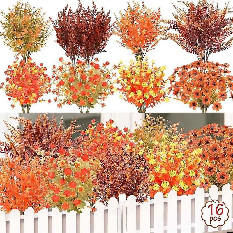 Artificial Fall Flowers, 16pcs Uv Resistant Fall Flowers, Faux Plastic Fall Flowers for Decoration H