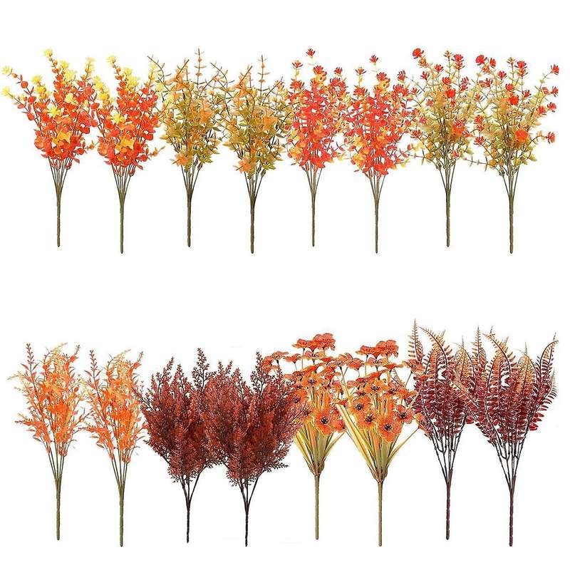 Artificial Fall Flowers, 16pcs Uv Resistant Fall Flowers, Faux Plastic Fall Flowers for Decoration H