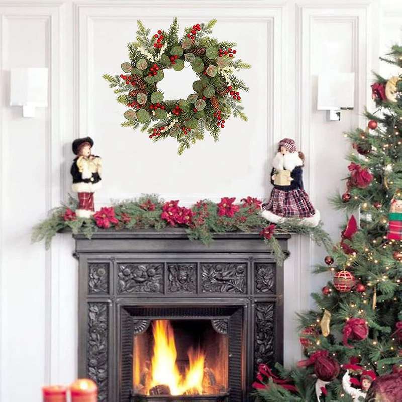 Artificial Eucalyptus Pine Berry Wreath for Front Door Wall Window Fireplace Farmhouse Home
