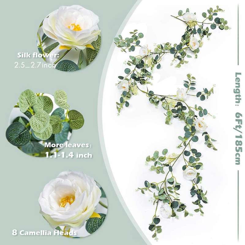 Artificial Flower Eucalyptus Garland with Camellias, 6Ft Fake Hanging Flower Vine for Wedding,Garden