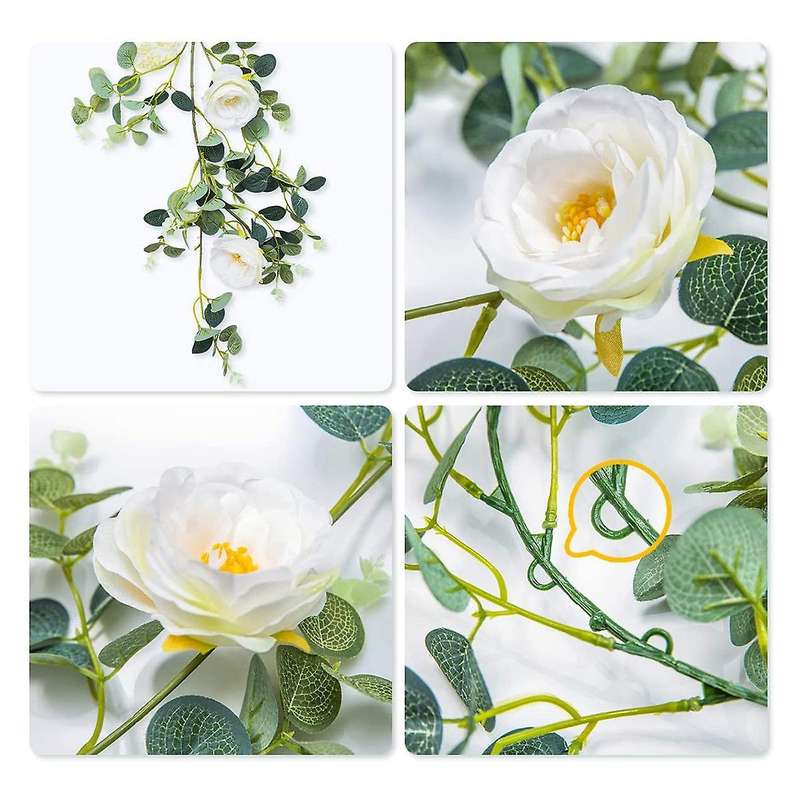 Artificial Flower Eucalyptus Garland with Camellias, 6Ft Fake Hanging Flower Vine for Wedding,Garden