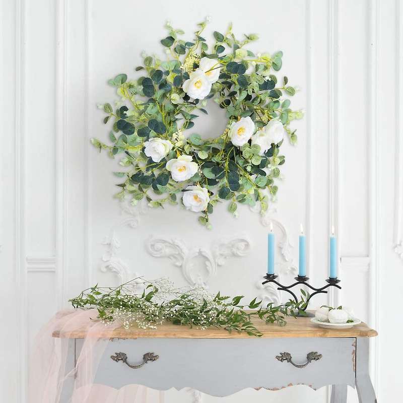 Artificial Flower Eucalyptus Garland with Camellias, 6Ft Fake Hanging Flower Vine for Wedding,Garden