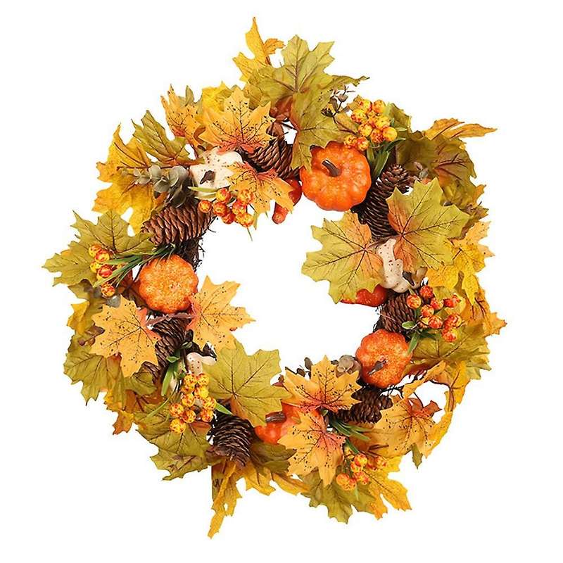 Artificial Fall Wreath, Autumn Wreath with Maple Leaves Pumpkin Pine Cone and Berries, for Front Doo