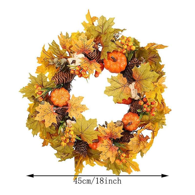 Artificial Fall Wreath, Autumn Wreath with Maple Leaves Pumpkin Pine Cone and Berries, for Front Doo