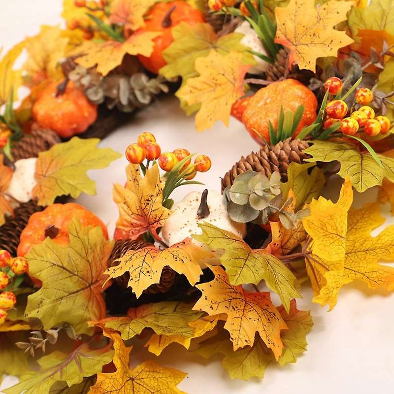 Artificial Fall Wreath, Autumn Wreath with Maple Leaves Pumpkin Pine Cone and Berries, for Front Doo