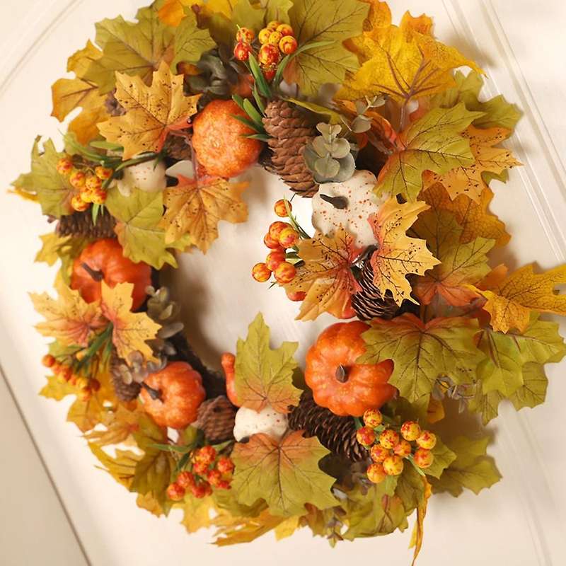 Artificial Fall Wreath, Autumn Wreath with Maple Leaves Pumpkin Pine Cone and Berries, for Front Doo