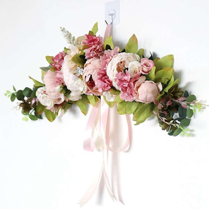 Artificial Peony Flower ,with Satin Ribbon Wreath for Front Door Arch Wedding Party Mirror Tabletop