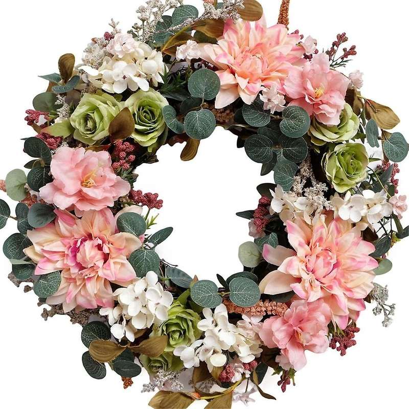 Artificial Wreath Spring Summer Rose Wreath Silk Spring to Autumn Wreath for Front Door Garden Party