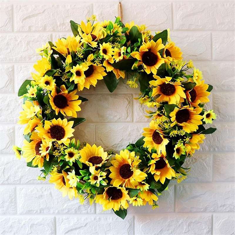 Artificial Sunflower Wreath Springtime All Year Around Flower Green Leaf for Outdoor Front Door Indo