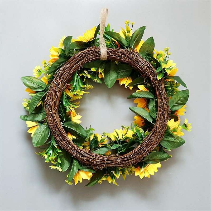 Artificial Sunflower Wreath Springtime All Year Around Flower Green Leaf for Outdoor Front Door Indo