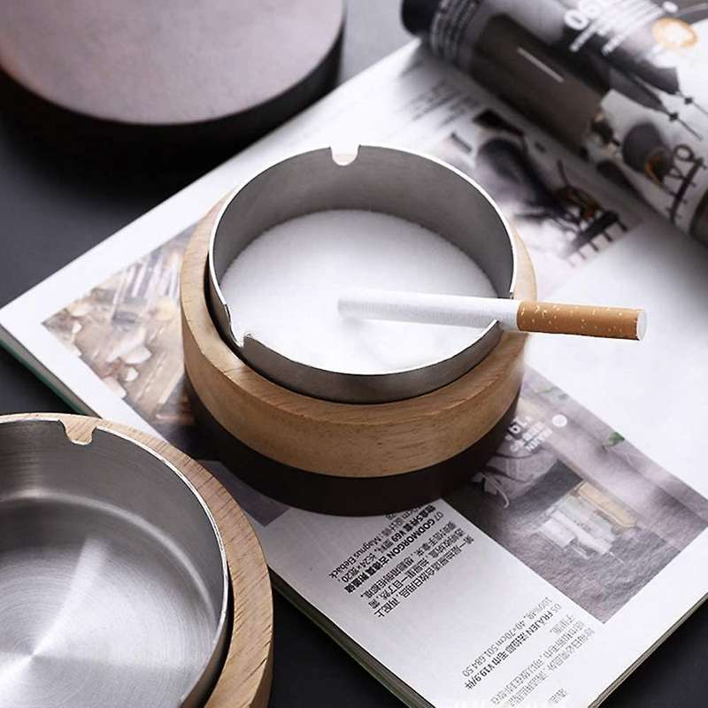 Ashtray for Outside with Lid, Wind Ashtray for Outside Balcony, Ashtray Stainless Steel + Wood Odor-
