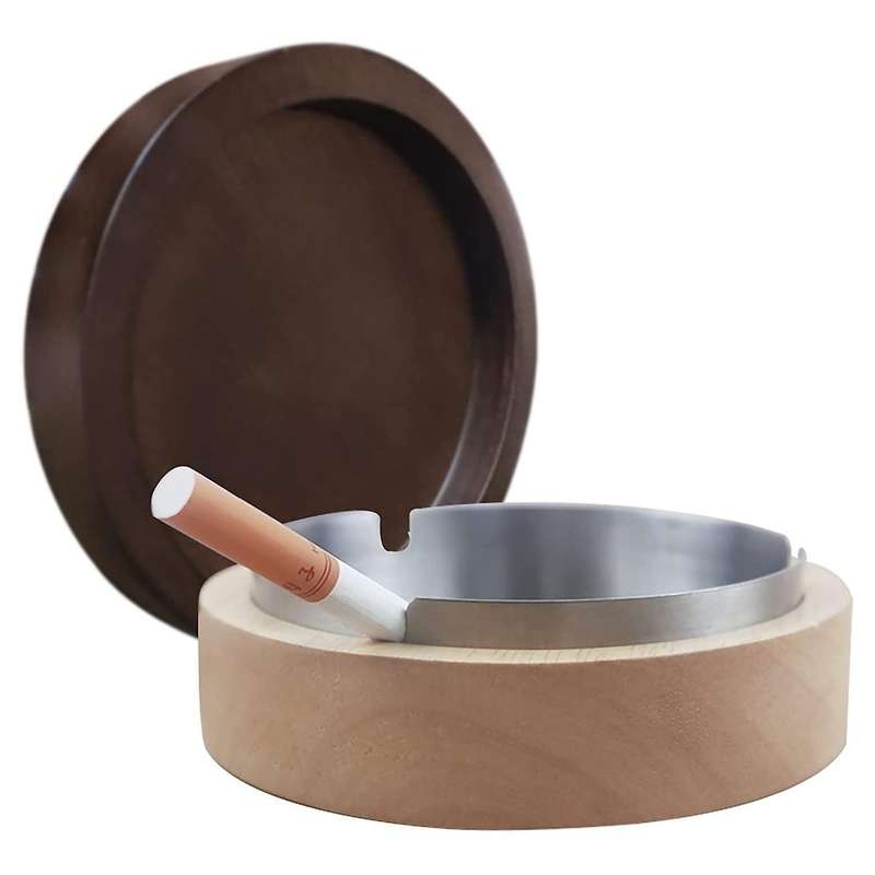 Ashtray for Outside with Lid, Wind Ashtray for Outside Balcony, Ashtray Stainless Steel + Wood Odor-