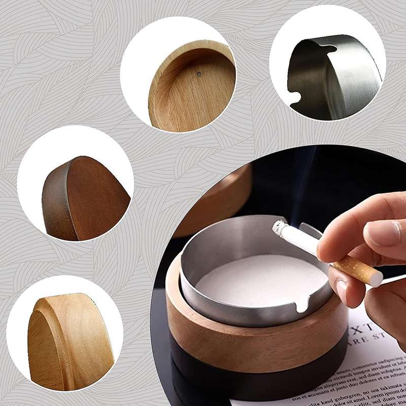 Ashtray for Outside with Lid, Wind Ashtray for Outside Balcony, Ashtray Stainless Steel + Wood Odor-