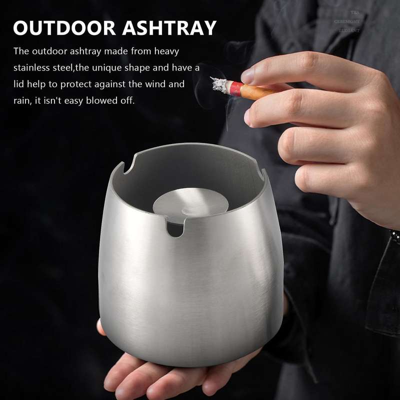 Ashtray Stainless Steel with Lid Heavy Ashtray Storm-Wind Non-Slip Base for Outside and Inside Silve