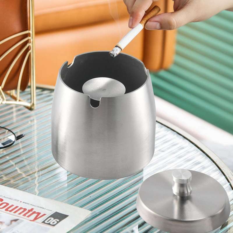 Ashtray Stainless Steel with Lid Heavy Ashtray Storm-Wind Non-Slip Base for Outside and Inside Silve
