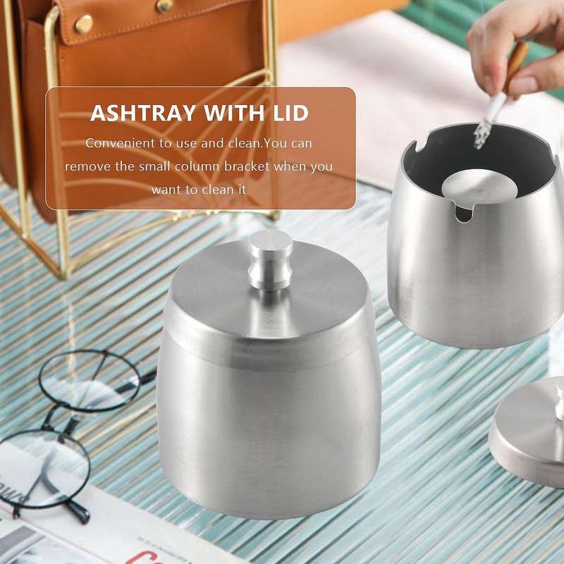 Ashtray Stainless Steel with Lid Heavy Ashtray Storm-Wind Non-Slip Base for Outside and Inside Silve