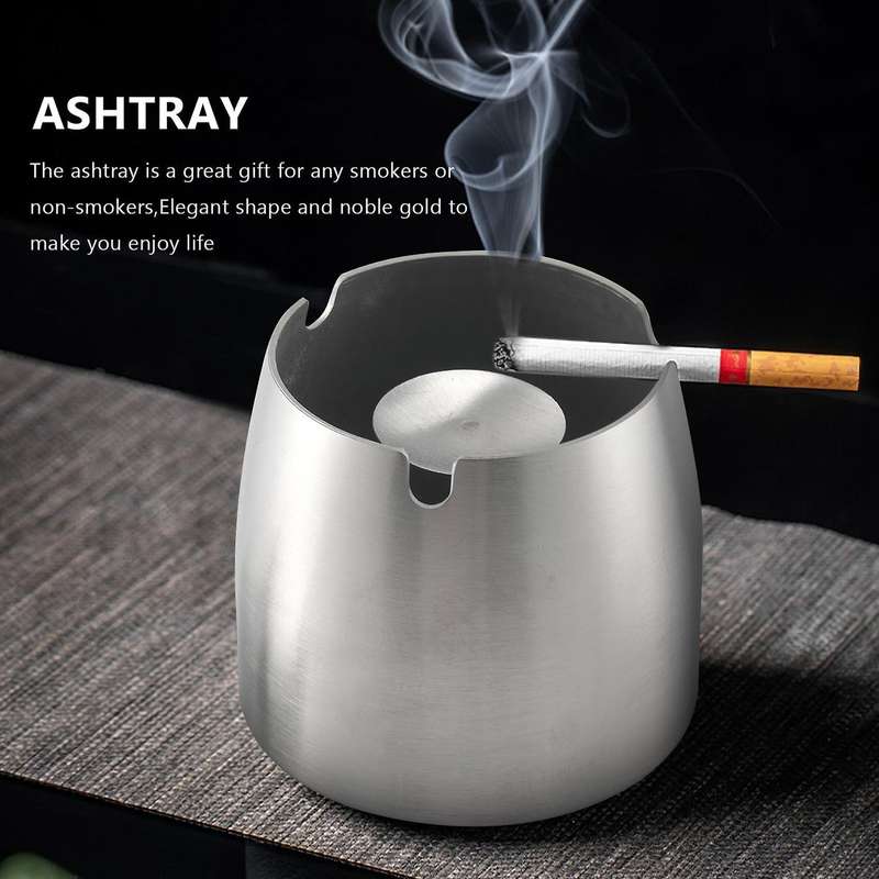 Ashtray Stainless Steel with Lid Heavy Ashtray Storm-Wind Non-Slip Base for Outside and Inside Silve