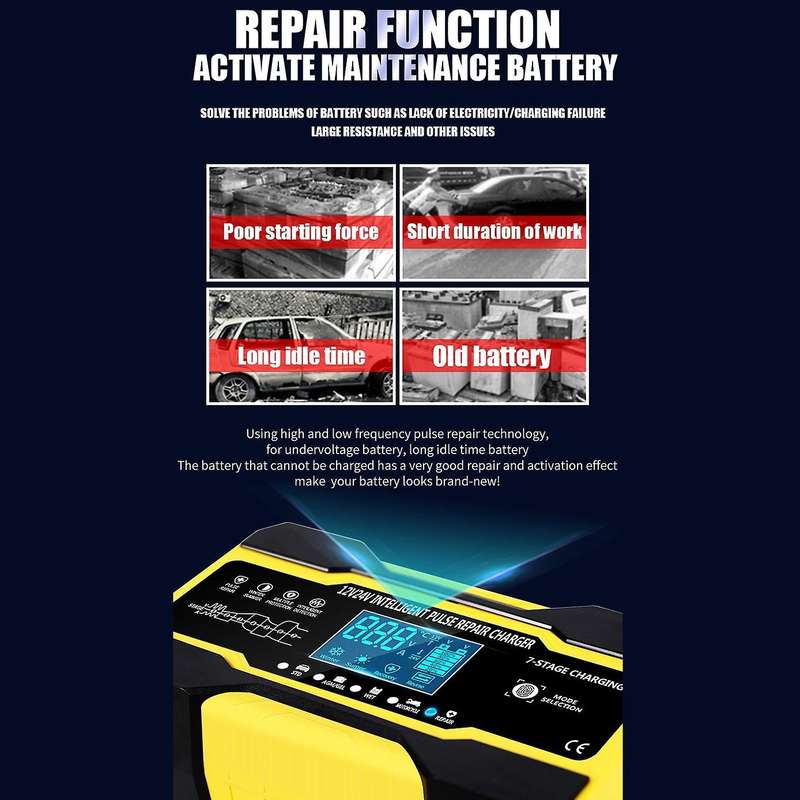 Automatic Smart Car Battery Charger 12V/10A 24V/5A with LCD Display Pulse Repair Charger for Car, Bo