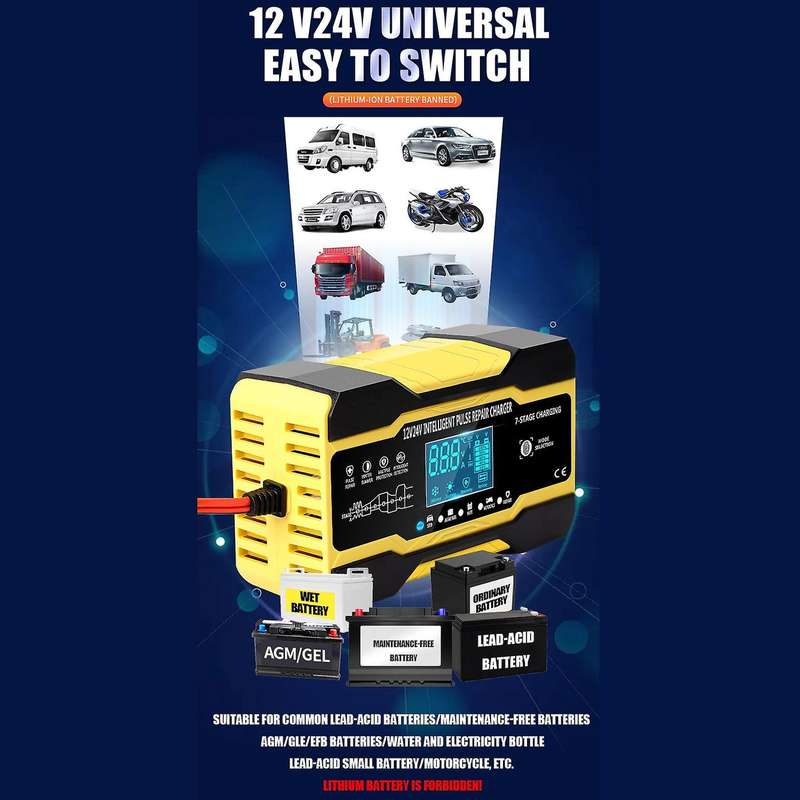 Automatic Smart Car Battery Charger 12V/10A 24V/5A with LCD Display Pulse Repair Charger for Car, Bo