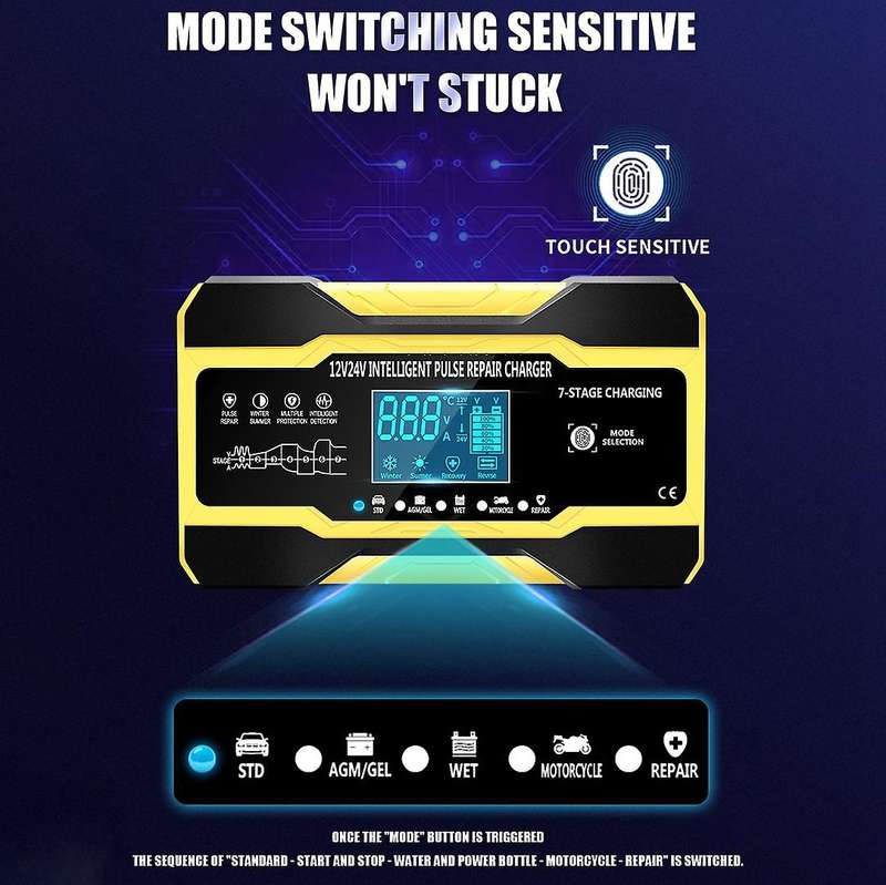 Automatic Smart Car Battery Charger 12V/10A 24V/5A with LCD Display Pulse Repair Charger for Car, Bo