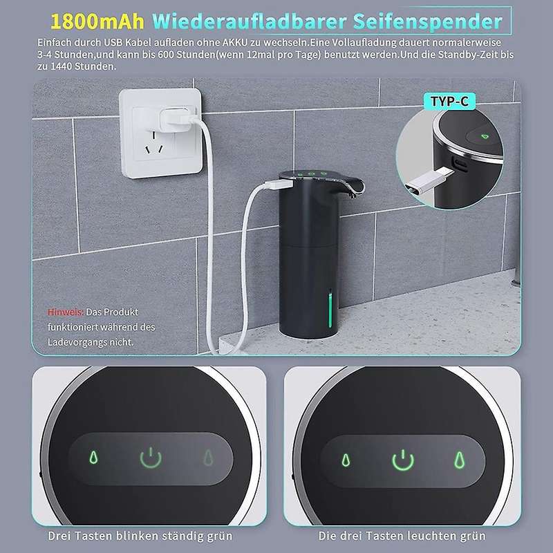 Automatic Soap Dispenser Black, Foam Soap Dispenser Rechargeable Non-contact Automatic Soap Dispens