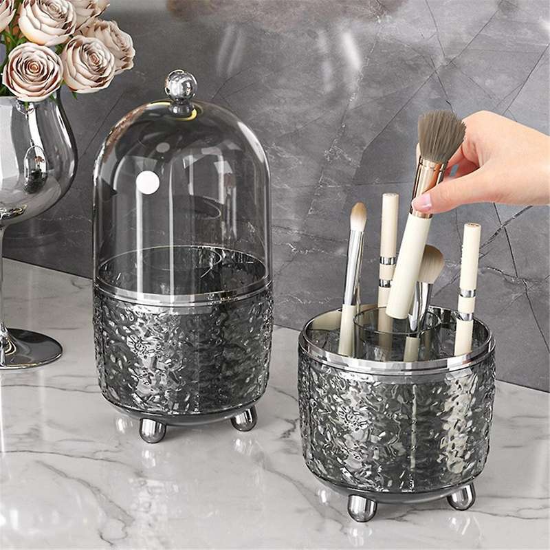 Makeup Brush Holder with Lid 360 Rotating Clear Dustproof Make Up Brushes Container for Vanity Deskt