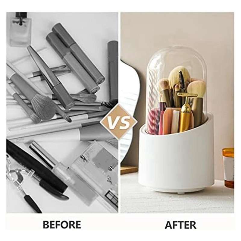 Makeup Brush Holder Organizer with Lid, Rotating Dustproof Make Up Brushes Container with Acrylic Co