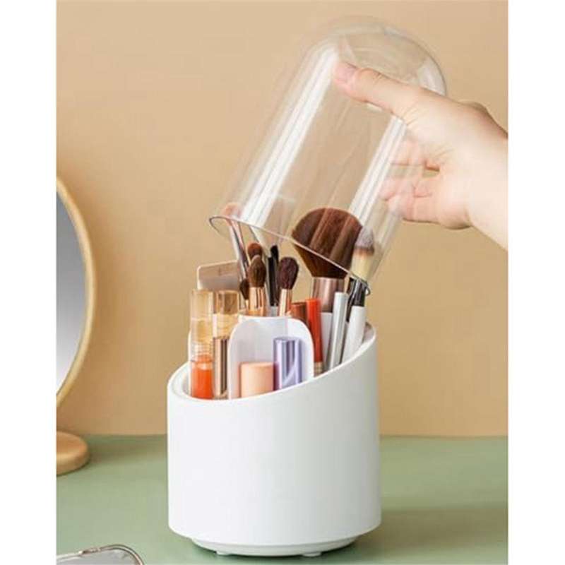 Makeup Brush Holder Organizer with Lid, Rotating Dustproof Make Up Brushes Container with Acrylic Co