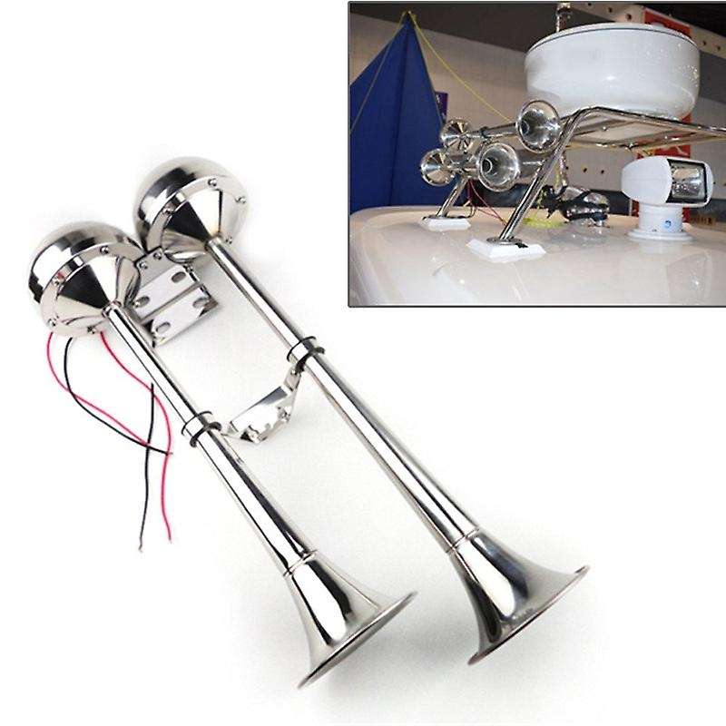 Marine Dual Trumpet Horn Boat Stainless Steel Electric Horn 18-1/2 Inch 12V Double/Two Tube Horn Flu