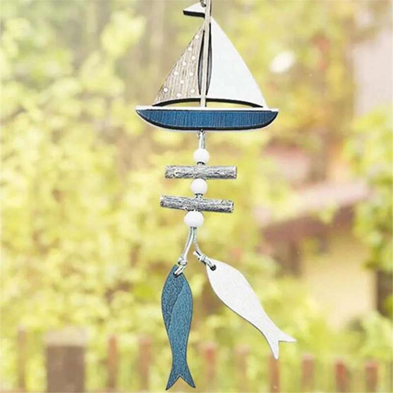 Marine Style Wooden Pendant Ocean Wind Crafts Small Boat Innovative Accessory Wall Hanging Decorati