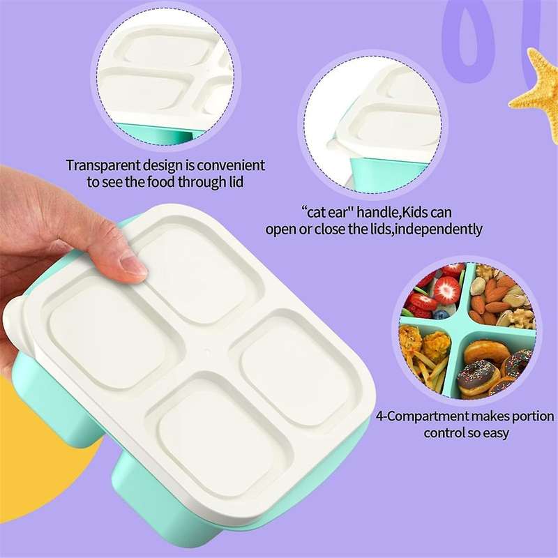 Meal Prep Containers (4 Pack), 4-Compartments Bento Lunch Box, Reusable Food Prep Containers