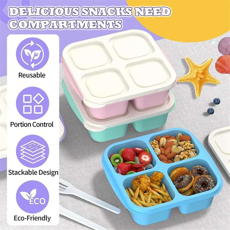 Meal Prep Containers (4 Pack), 4-Compartments Bento Lunch Box, Reusable Food Prep Containers
