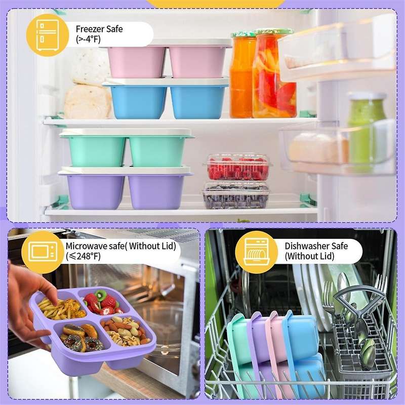 Meal Prep Containers (4 Pack), 4-Compartments Bento Lunch Box, Reusable Food Prep Containers