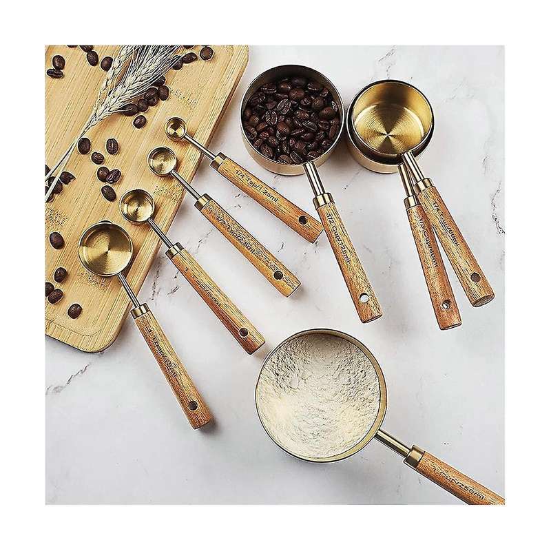Measuring Cups and Spoons 8, Wood Handle with Metric and Us Measurements,stainless Steel, for Cooki