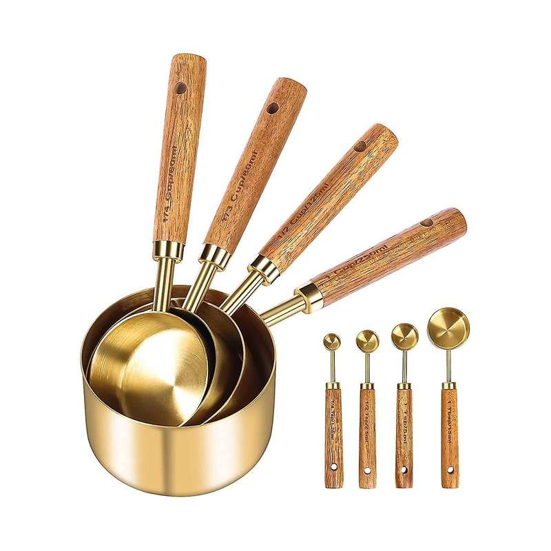 Measuring Cups and Spoons 8, Wood Handle with Metric and Us Measurements,stainless Steel, for Cooki