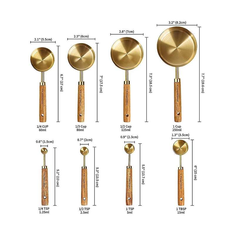 Measuring Cups and Spoons 8, Wood Handle with Metric and Us Measurements,stainless Steel, for Cooki