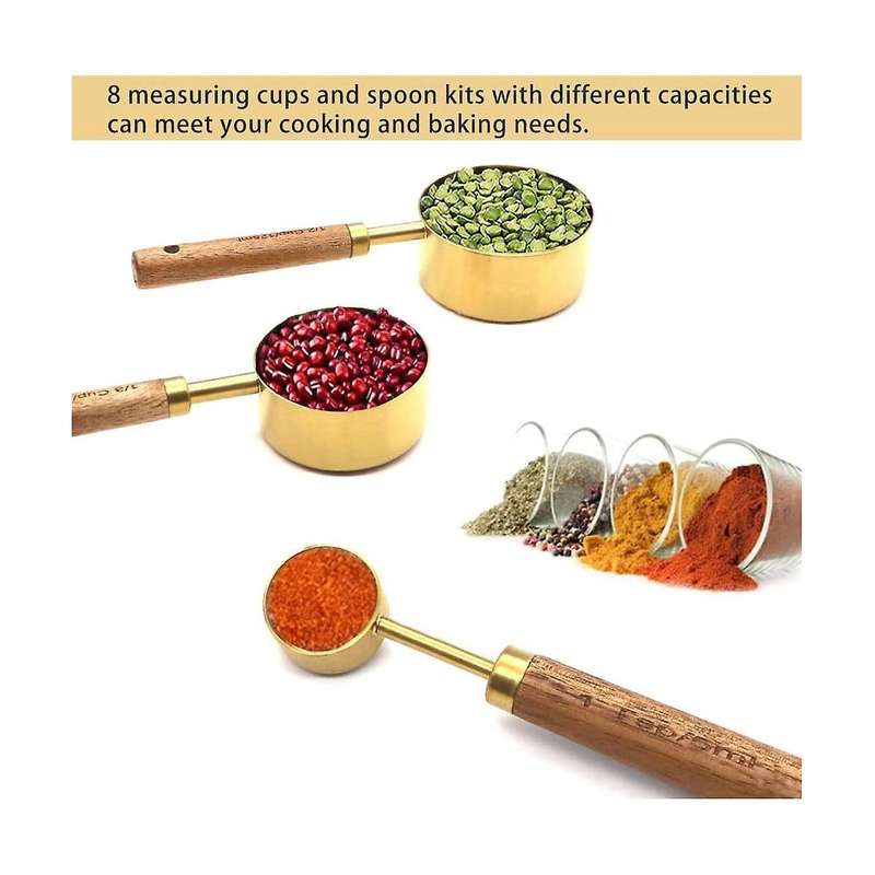 Measuring Cups and Spoons 8, Wood Handle with Metric and Us Measurements,stainless Steel, for Cooki