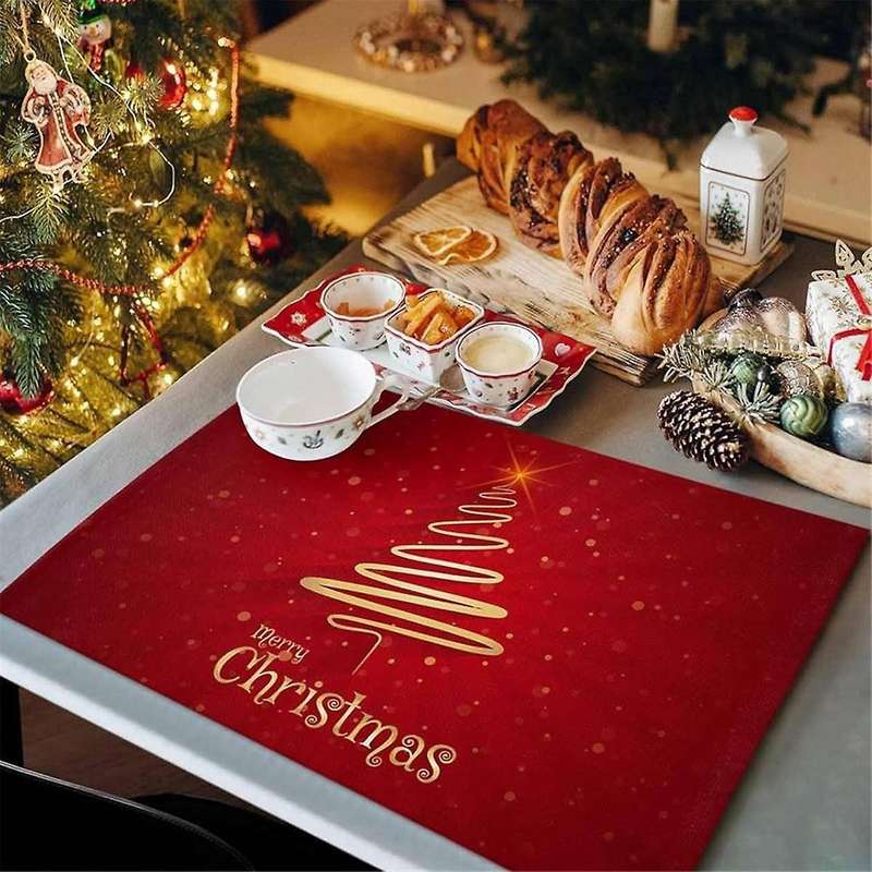 Merry Christmas Tree Placemats Set Of 6,non-/wipe Clean Linen Dining Table Mat Set,heat-resistant T
