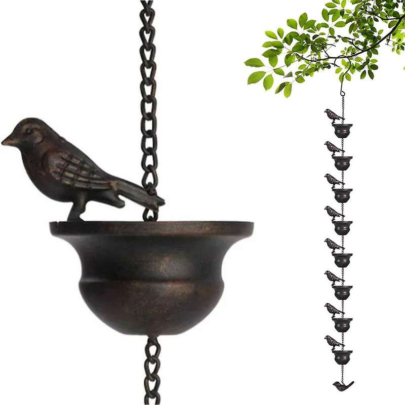 Metal Birds on Cups Metal Rain Chain Rain Catcher for Gutter Roof Decoration Metal Drainage Rain Cha
