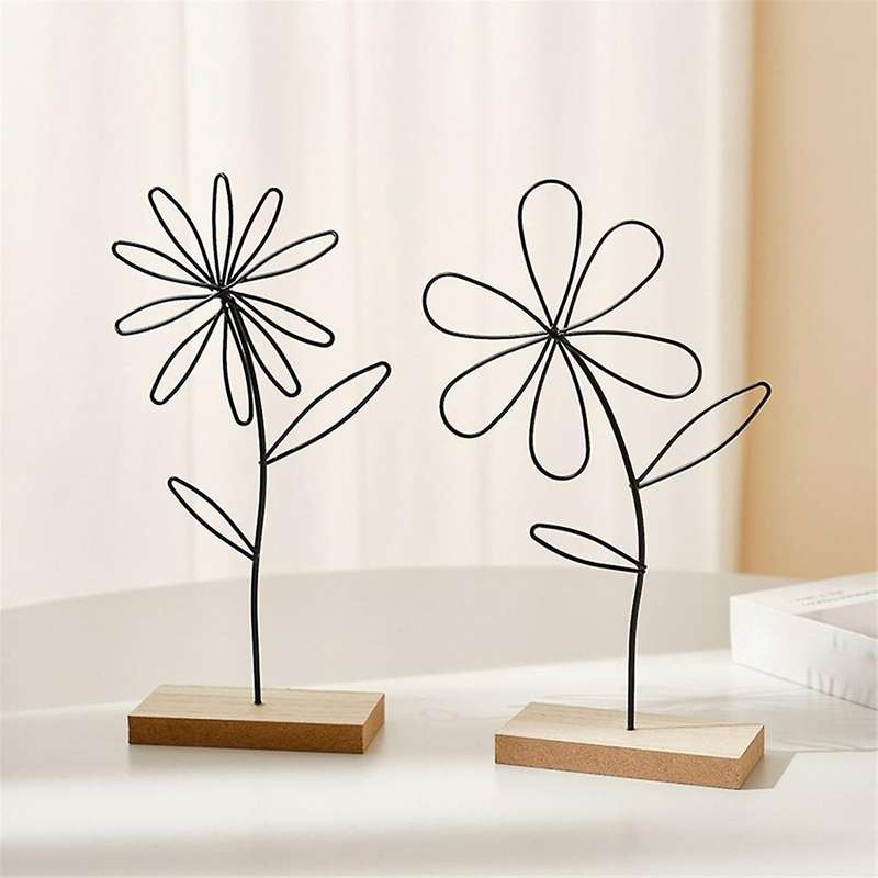 Metal Flower Decorative Stand Flower Metal Black Wooden Base Home Decoration