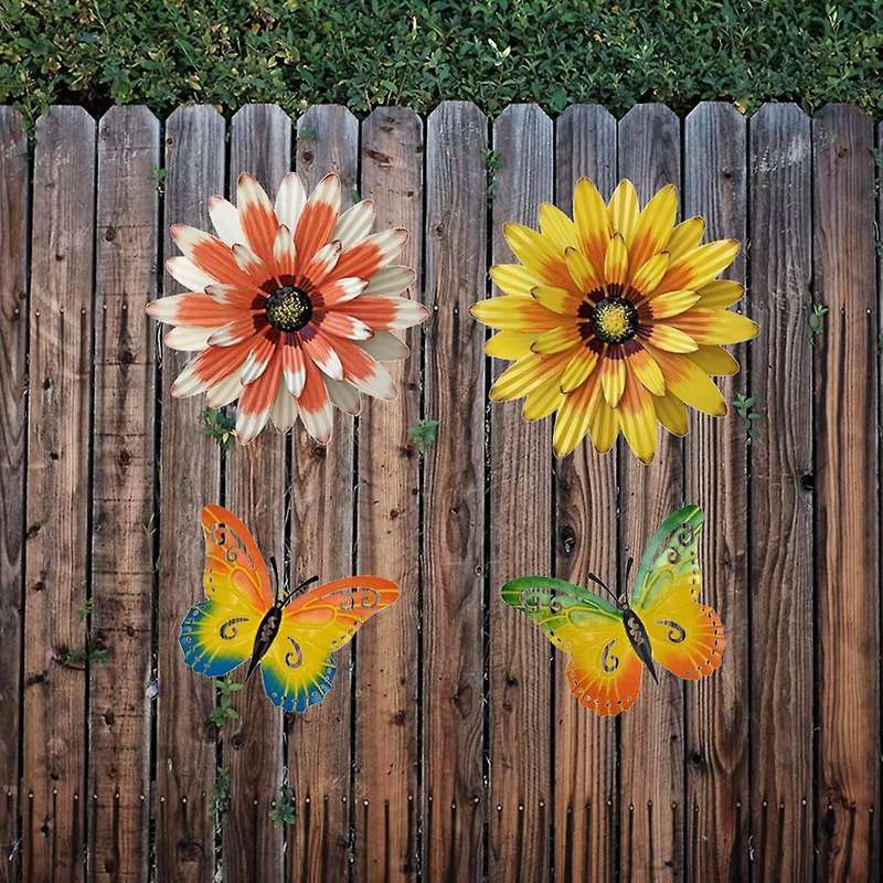 Metal Flowers Outdoor Wall Decor, 4PCS Flower & Butterfly Wall Art Decor, Wall Sculptures for Garden