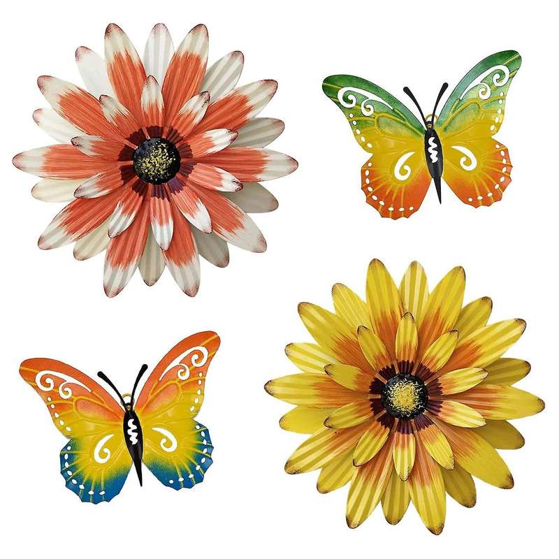 Metal Flowers Outdoor Wall Decor, 4PCS Flower & Butterfly Wall Art Decor, Wall Sculptures for Garden