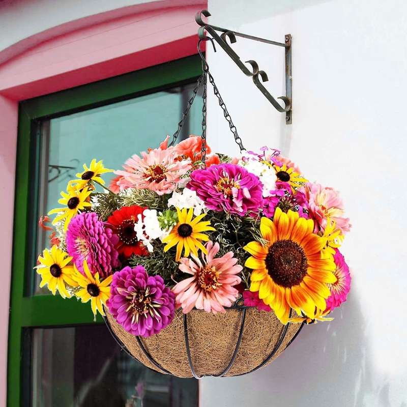 Metal Hanging Basket with Coir Liner Round Wire Plant Hanging Basket with Chain, Porch Decor Flower