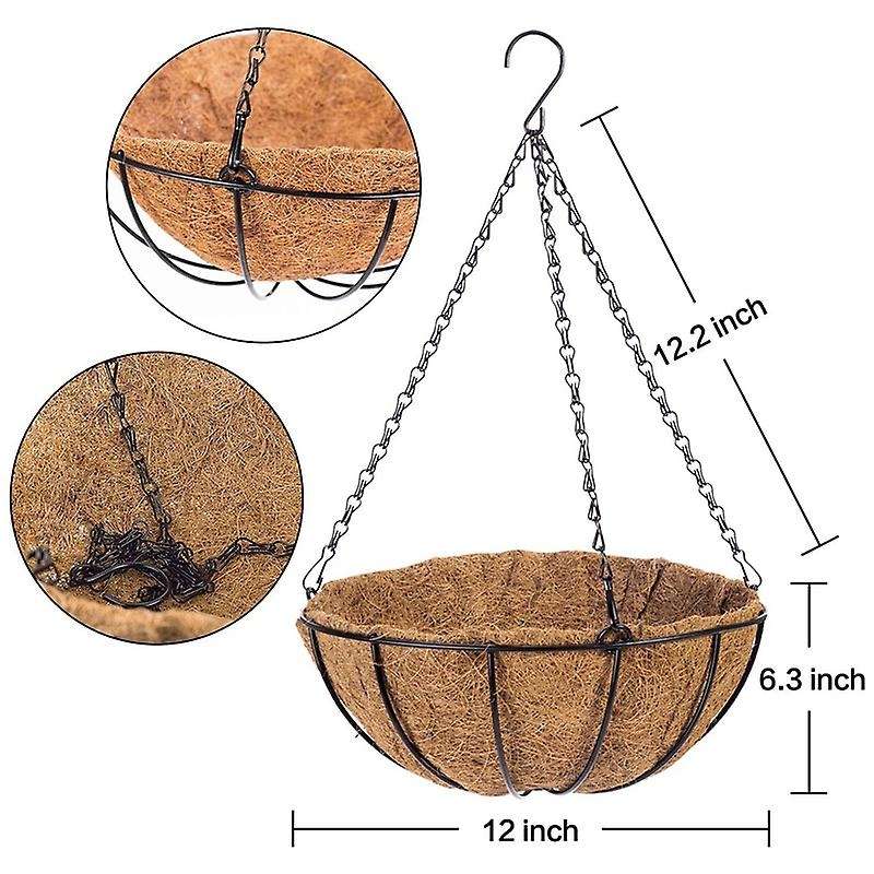 Metal Hanging Basket with Coir Liner Round Wire Plant Hanging Basket with Chain, Porch Decor Flower