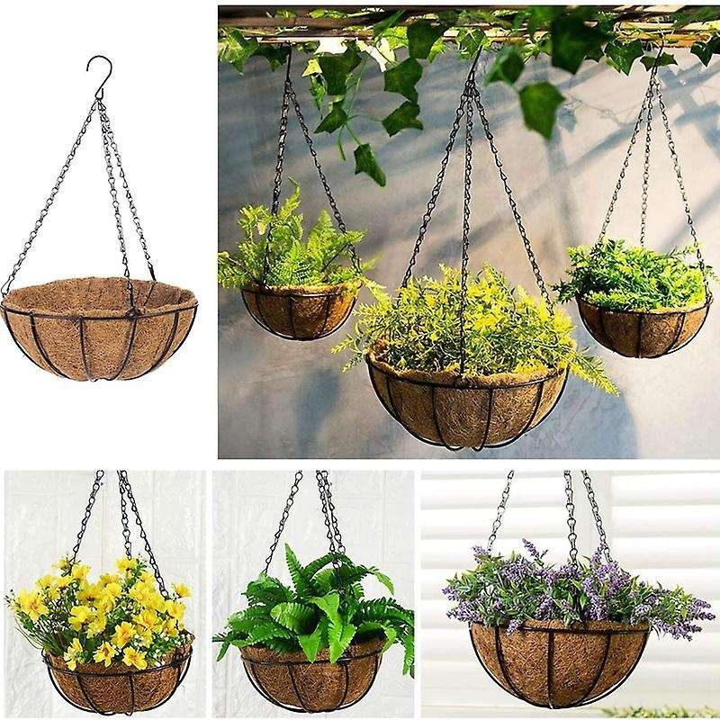 Metal Hanging Basket with Coir Liner Round Wire Plant Hanging Basket with Chain, Porch Decor Flower