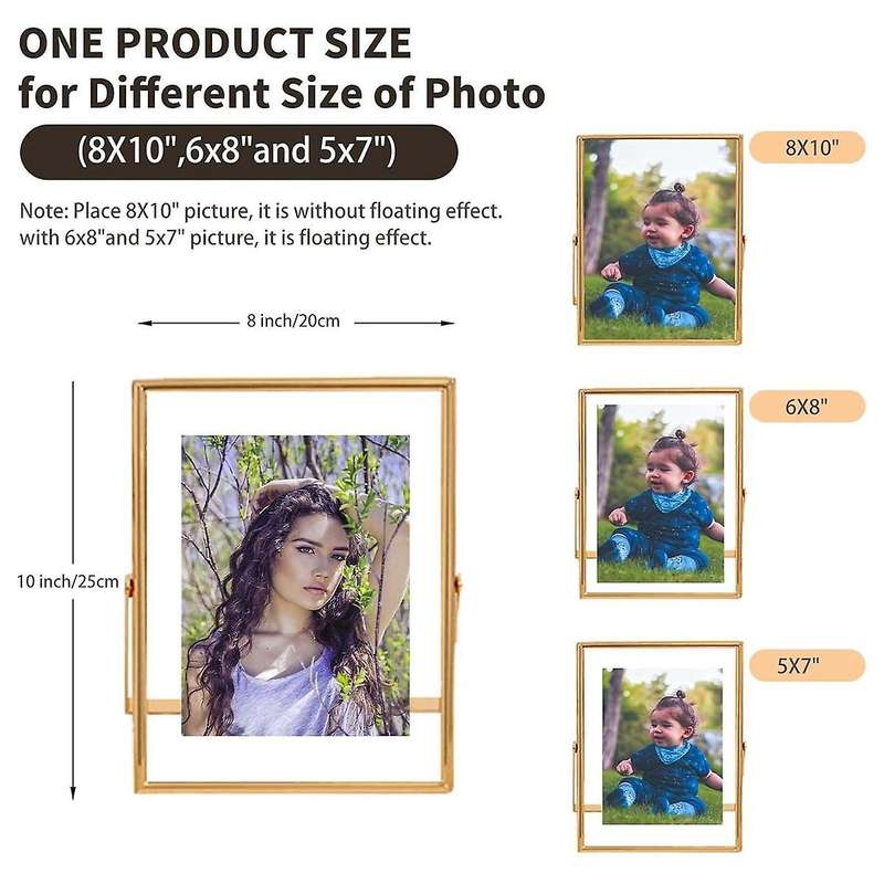 Metal Picture Frame 8x10, for Multiple Photo Sizes (6x8, 5x7,8x10), Real Glass, Tabletop Floating Pi